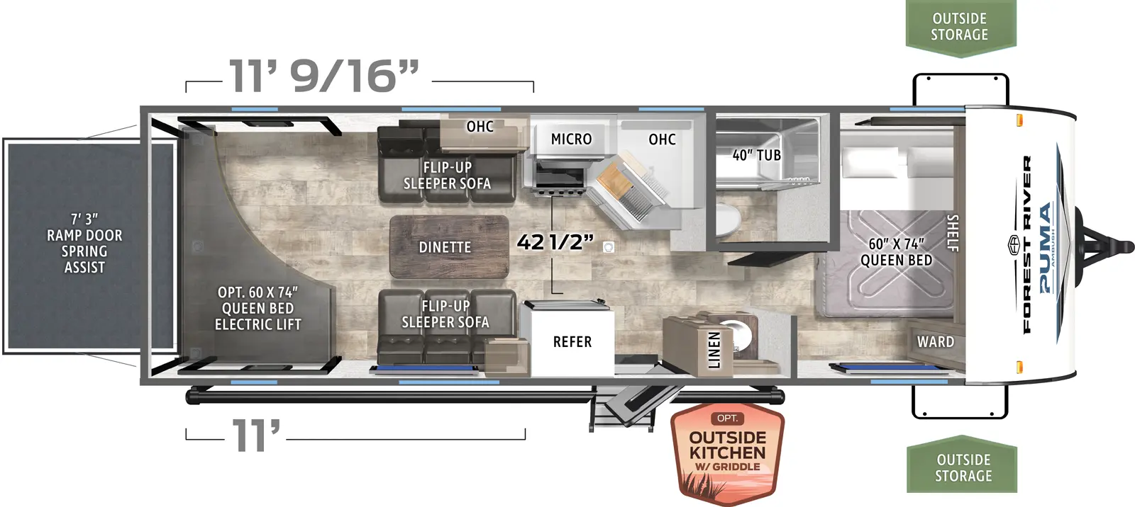 The Puma Unleashed 25TH floorplan is a toy hauler that has one entry and zero slide outs. Exterior features include: metal exterior, 17' awning and outside kitchen. Interiors features include: front bedroom.